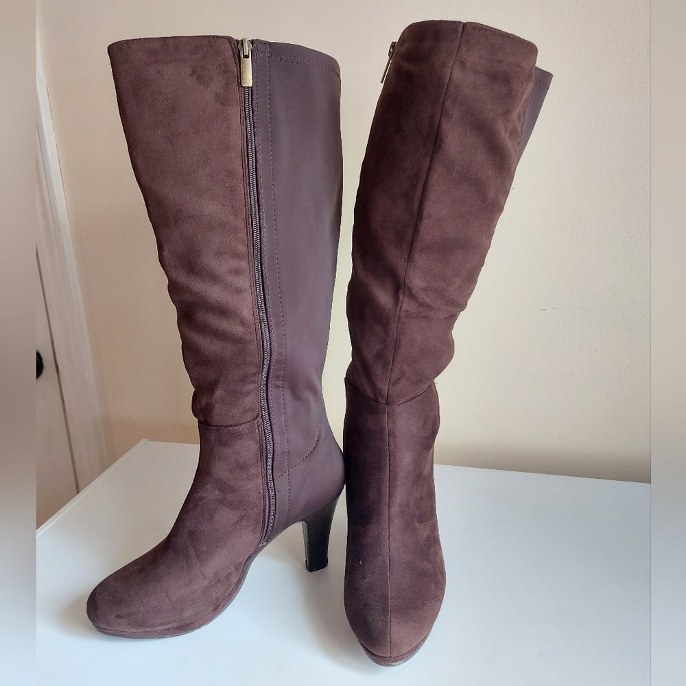 Lane Bryant - Faux Suede Brown Knee-High Heeled Boots w/ Zipper - Picture 5 of 12